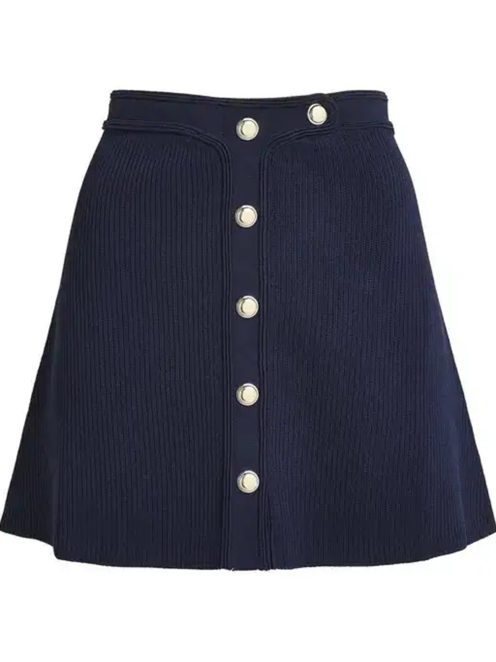 Sandro Navy Ribbed A-Line Skirt with Gold-Tone Buttons